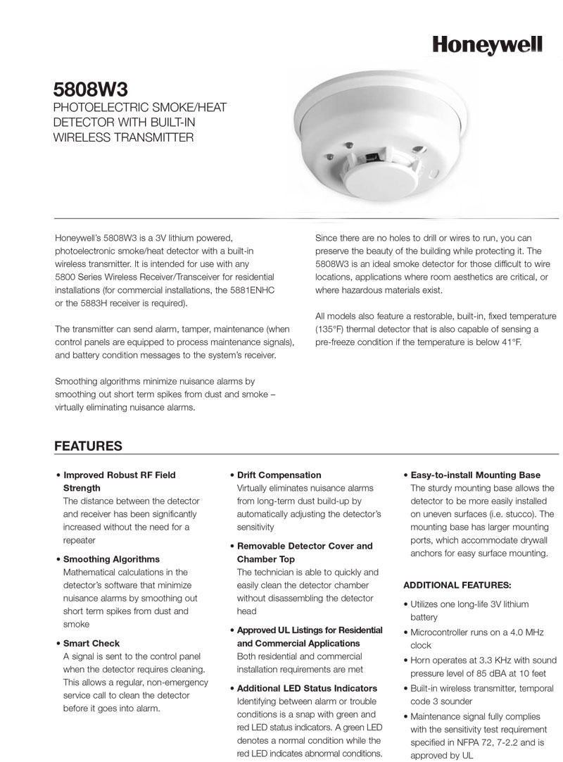 Honeywell 5808W3 Wireless Photoelectric Smoke/Heat Detector